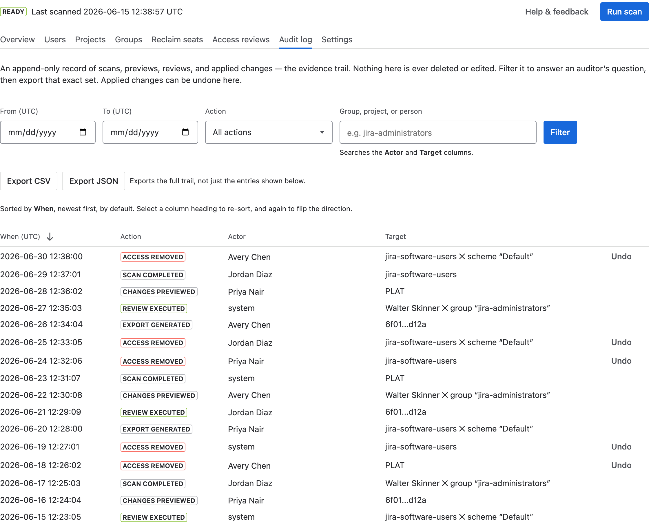 The Audit log: filters for a date range, an action and free text above a sortable table with When, Action, Actor and Target columns, and an Undo control on applied changes.