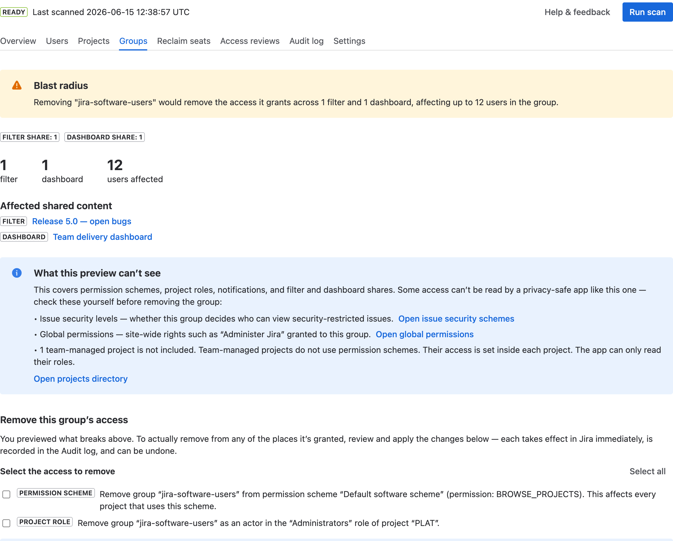 The removable-access step: a checklist of changes the app can apply, plus guided steps for the ones it can't.