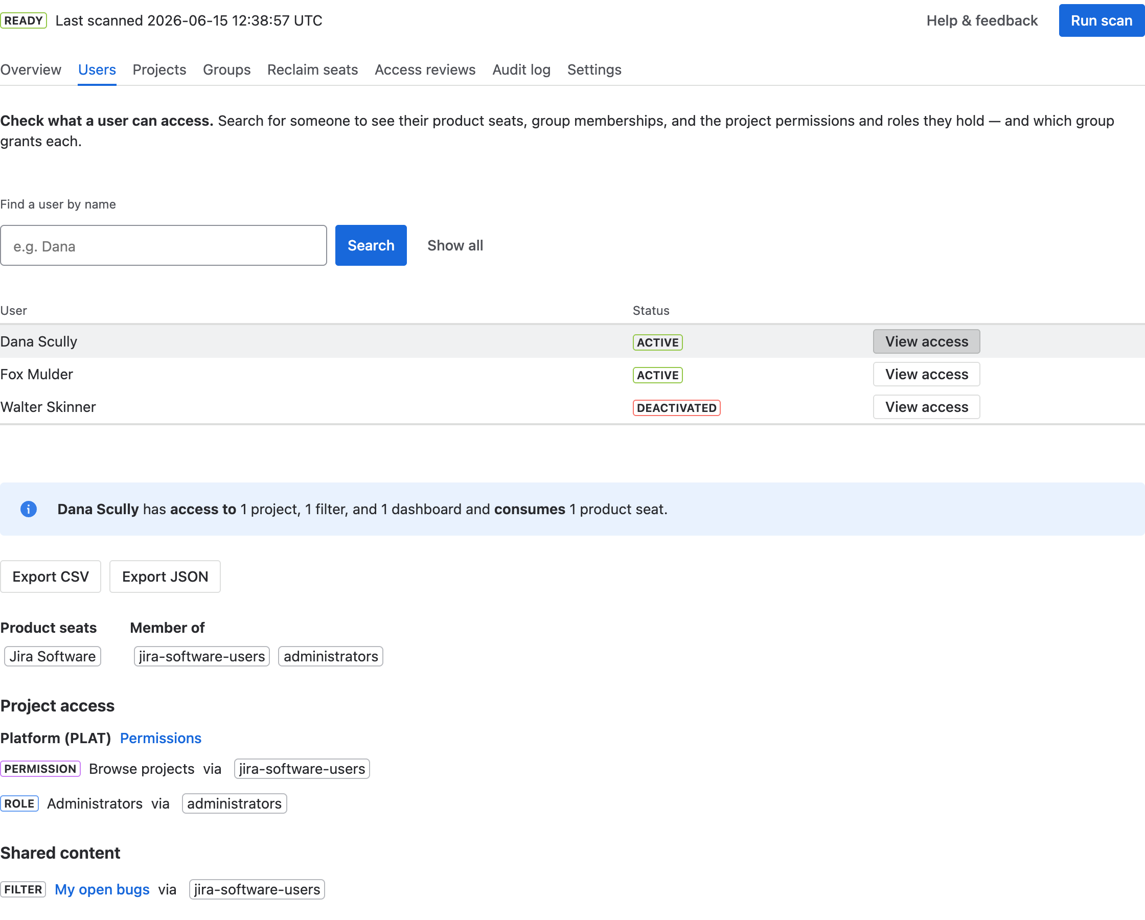 The Users tab showing one user's full access breakdown — summary, product seats, group memberships, and per-project permissions.