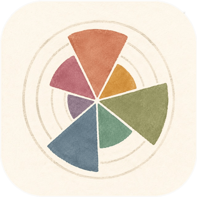 The Seven Movements app icon: a seven-wedge watercolour wheel, each wedge a different length and colour, on cream paper.